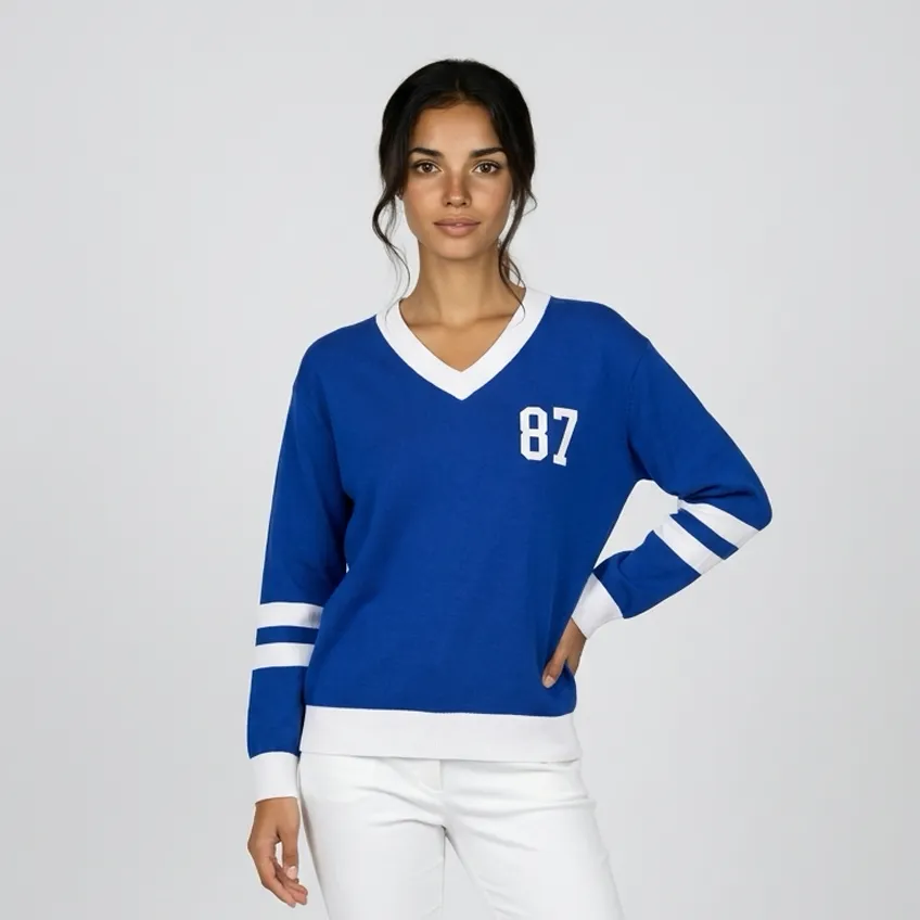 [PP-3546] Tricot Feminino Azul Royal Listras Manga (P)