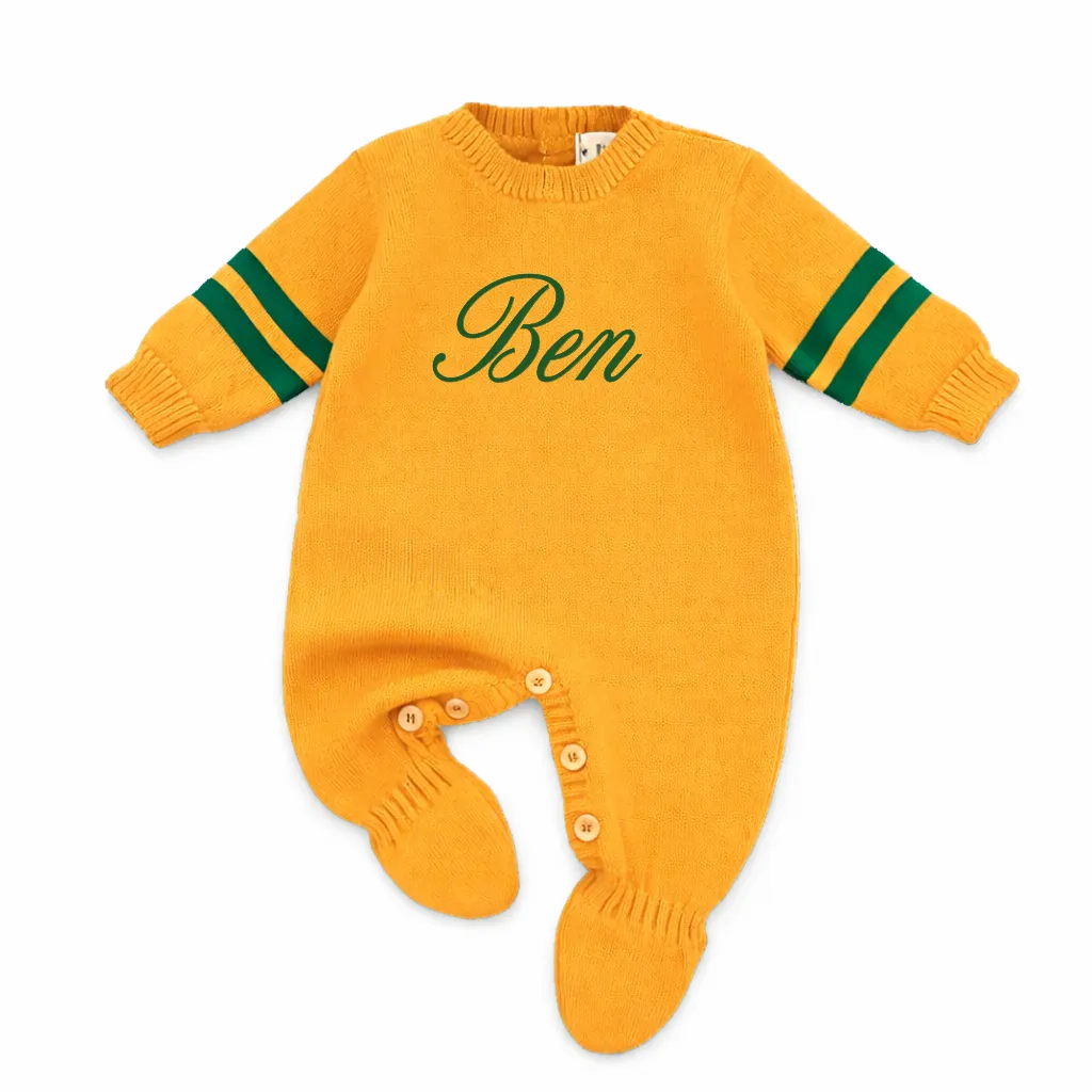 Macacão Tricot Amarelo Gema Listras Manga (RN)