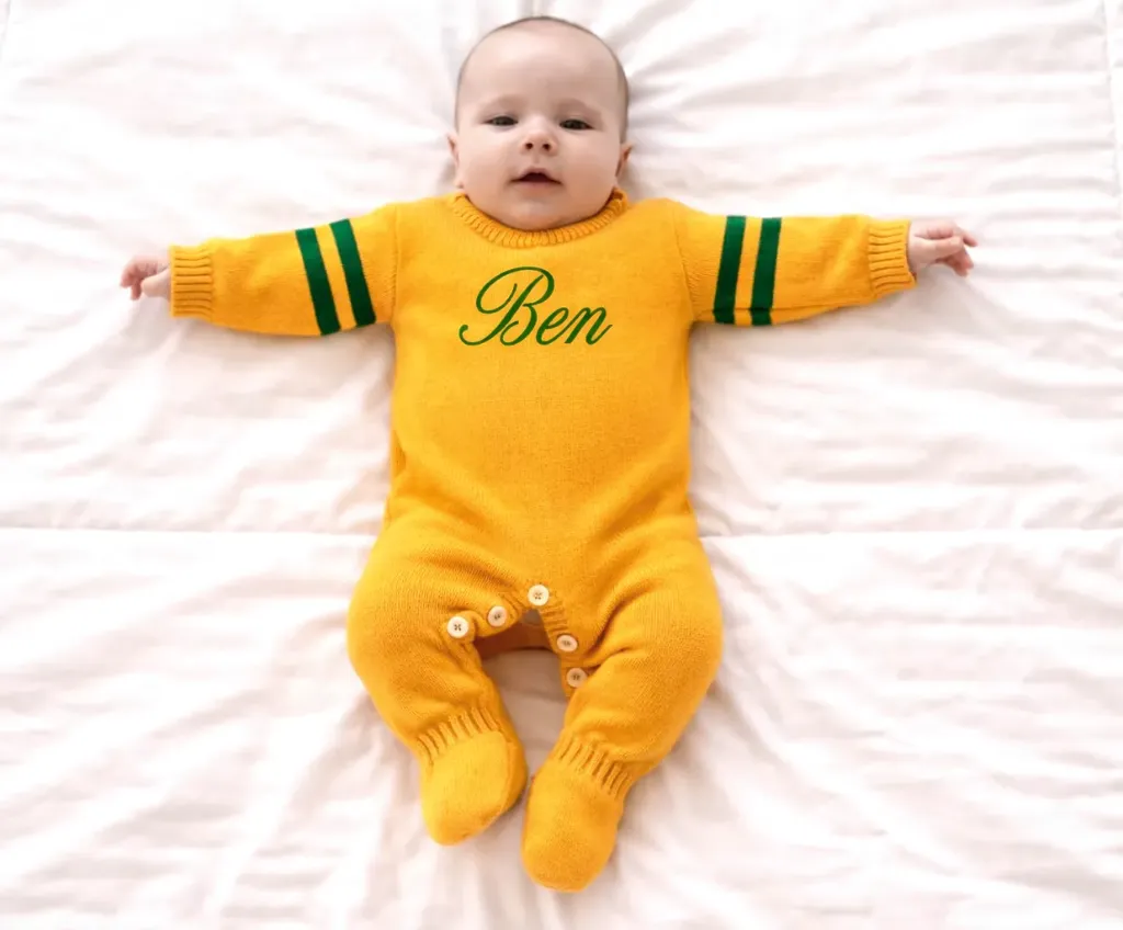 Macacão Tricot Amarelo Gema Listras Manga (RN)