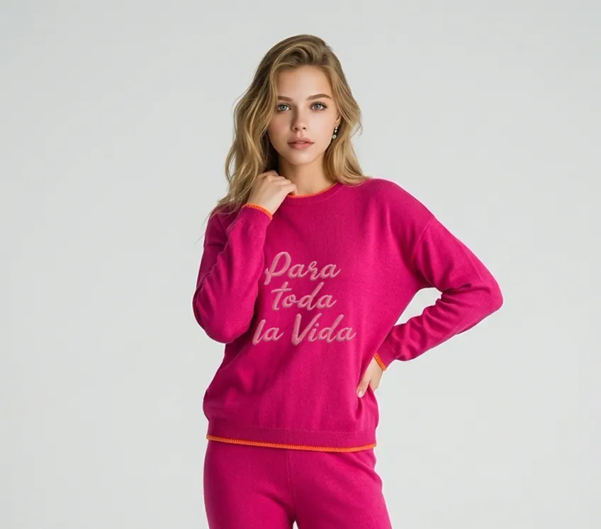 [PP-3634] Tricot Slim Feminino Magenta com Frase Bordada (P)