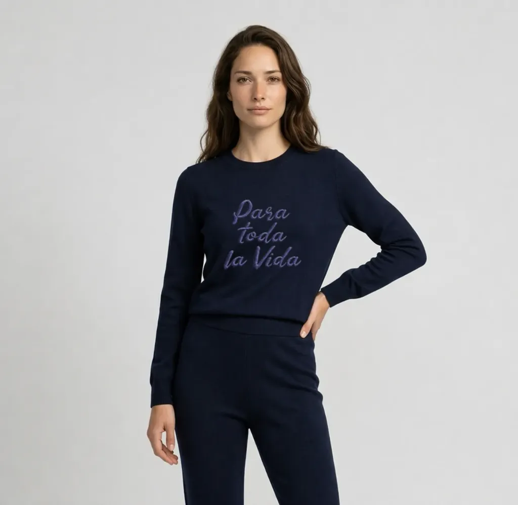 [PP-3638] Tricot Slim Feminino Marinho com Frase Bordada (P)