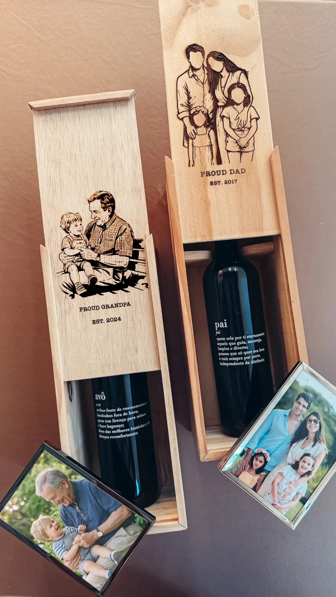 Kit Porta Vinho em Madeira + Vinho + Porta Retratos