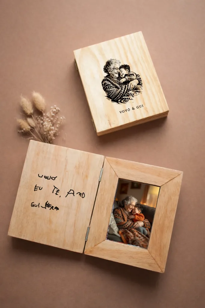 Porta Retratos em Madeira modelo Livro com Grafia Própria